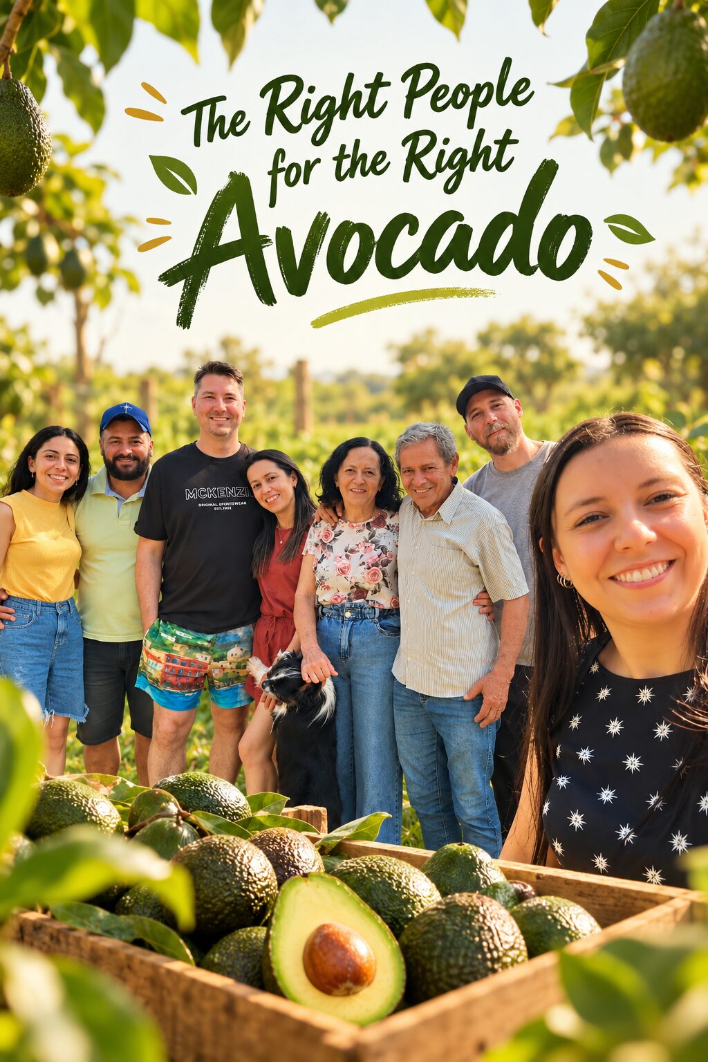 The family and friends standing together in the avocado grove behind a wooden crate of avocados, with their dog